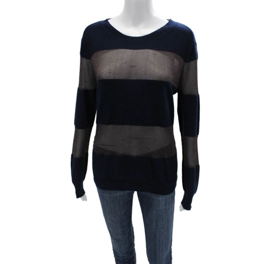 Whit Unisex Striped Dark Blue Cashmere Blend Crew Neck Pullover Sweater Size M